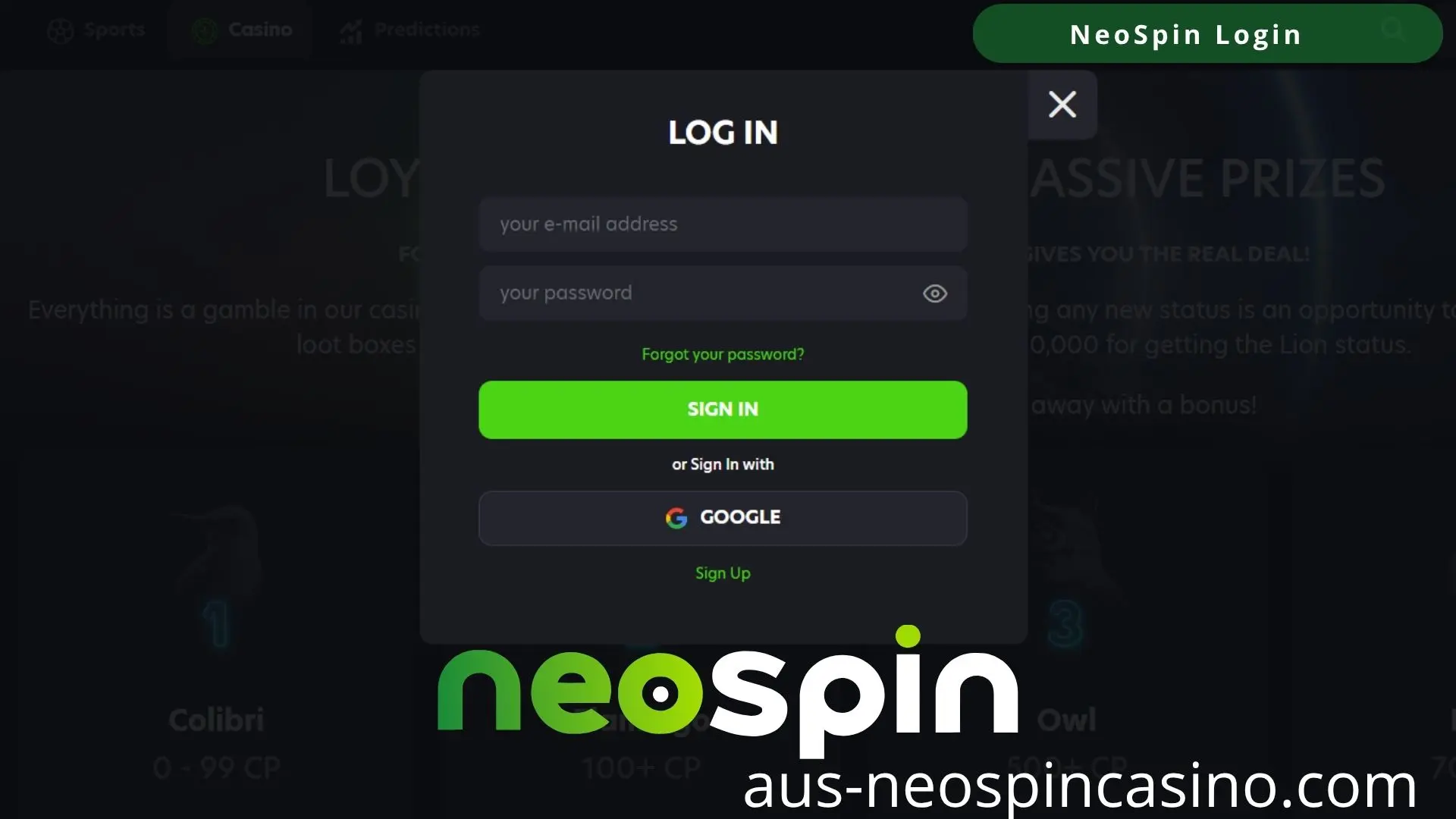 NeoSpin Casino account sign-in screen
